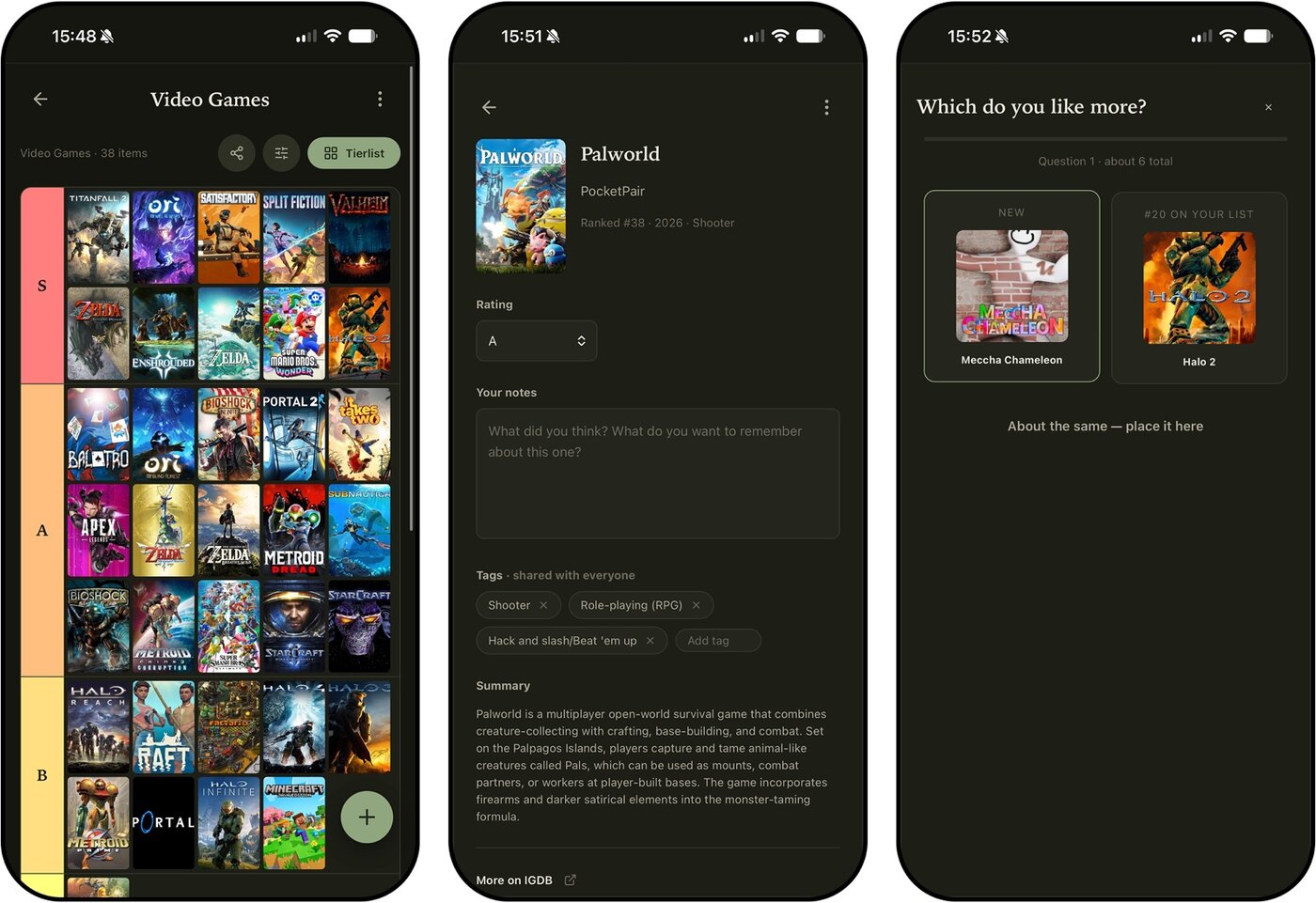 Three app screens: the video-games tierlist, the Palworld detail page with rating and notes, and the Which do you like more comparison question