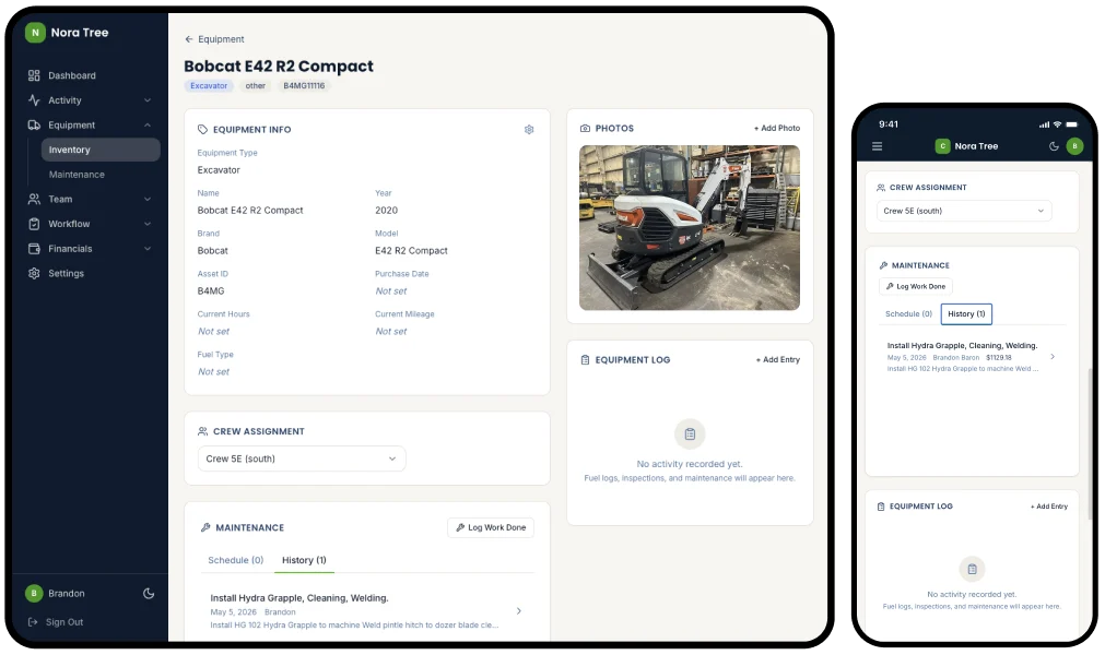 Equipment detail page for a Bobcat E42 with photos, info, crew assignment and maintenance history
