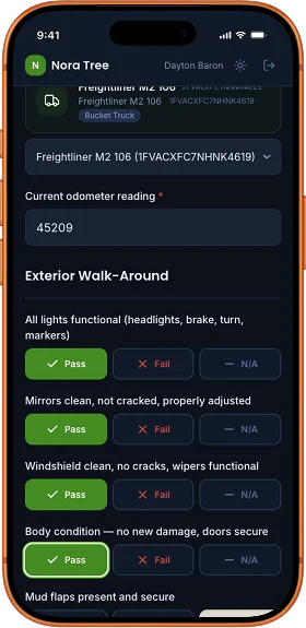 A pre-trip vehicle inspection in progress on a phone, with pass and fail buttons