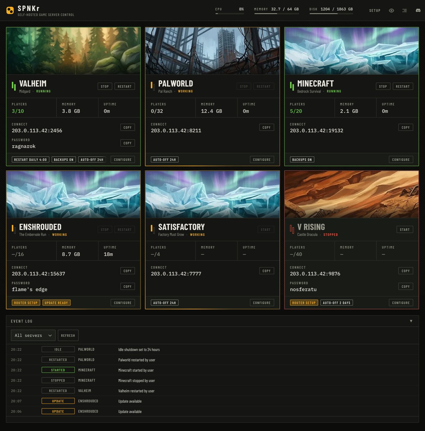 Server cards in loading and transition states