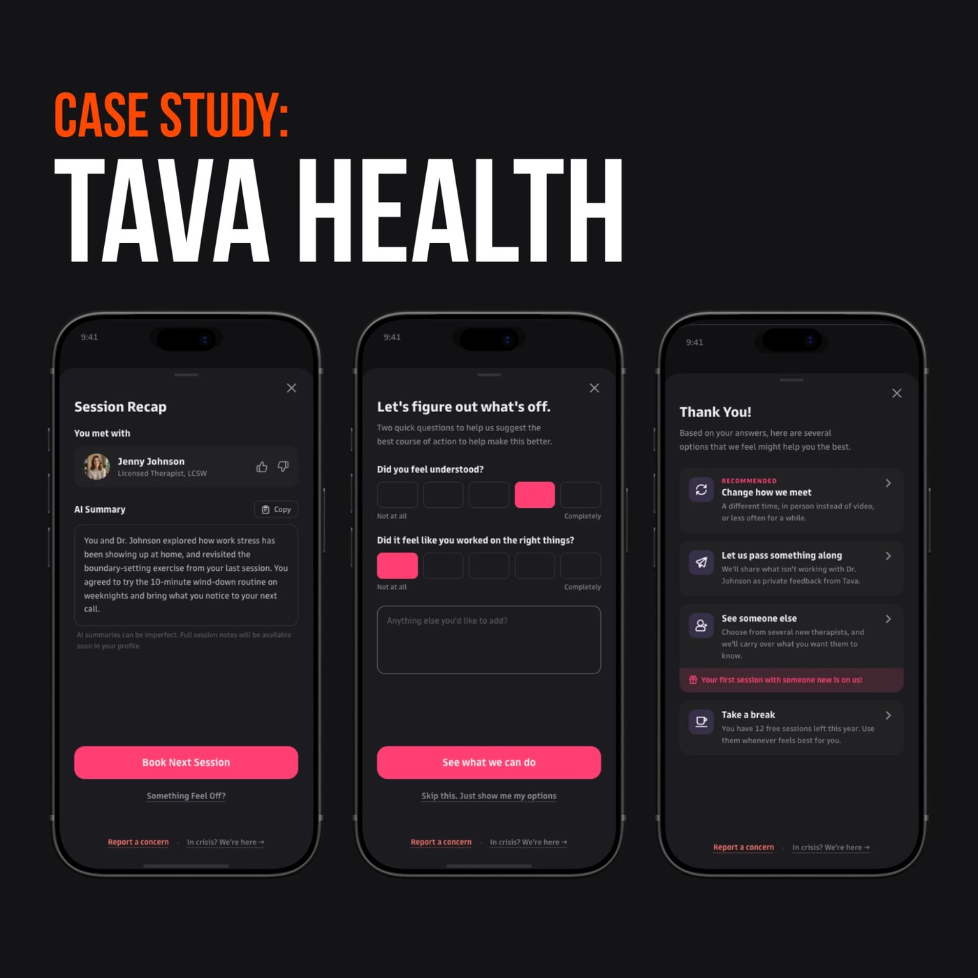 Tava Health post-session check-in screens